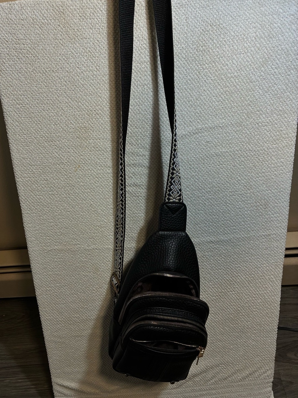 Women's Black Crossbody Sling Bag with Patterned Strap